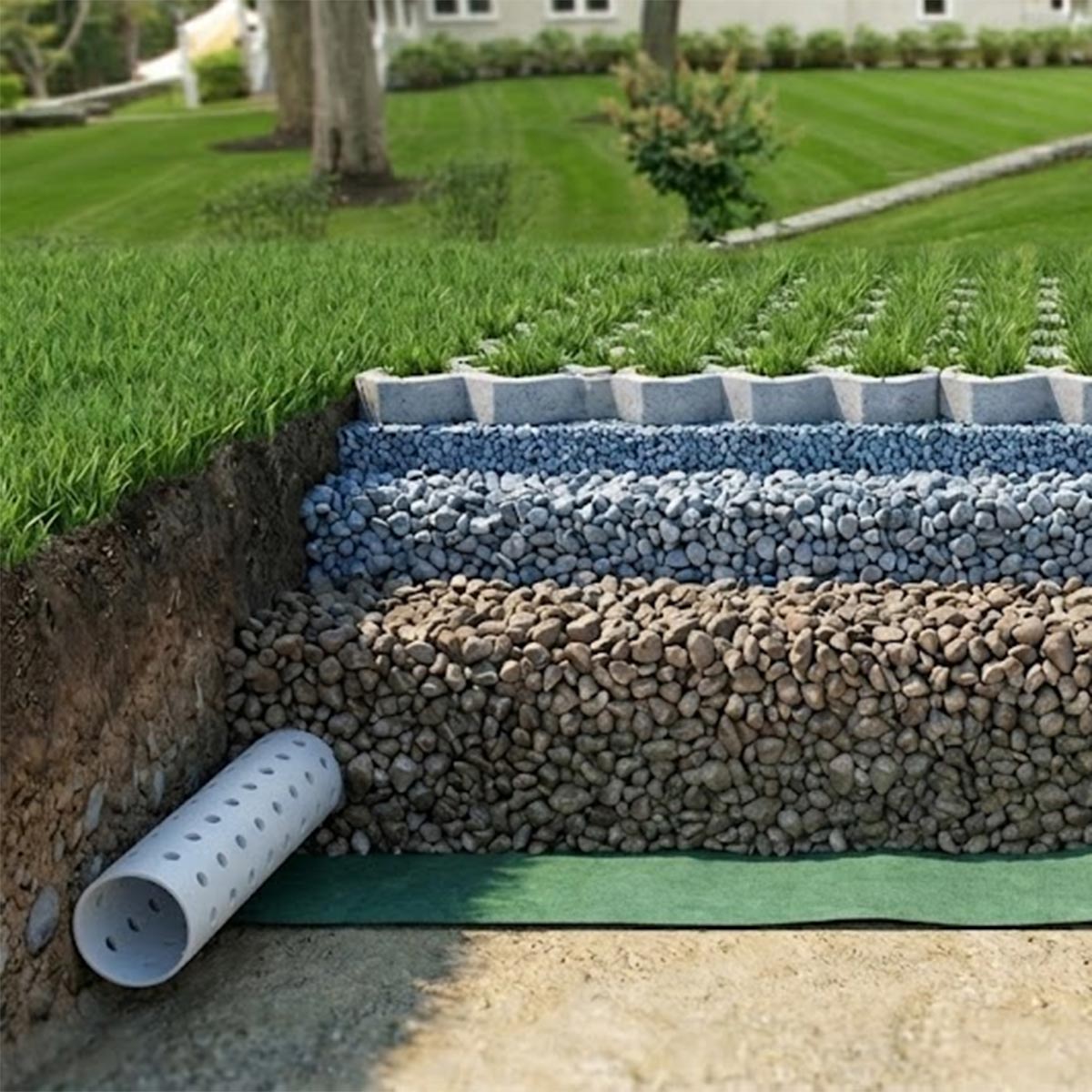 Cutaway of a permeable paver driveway system