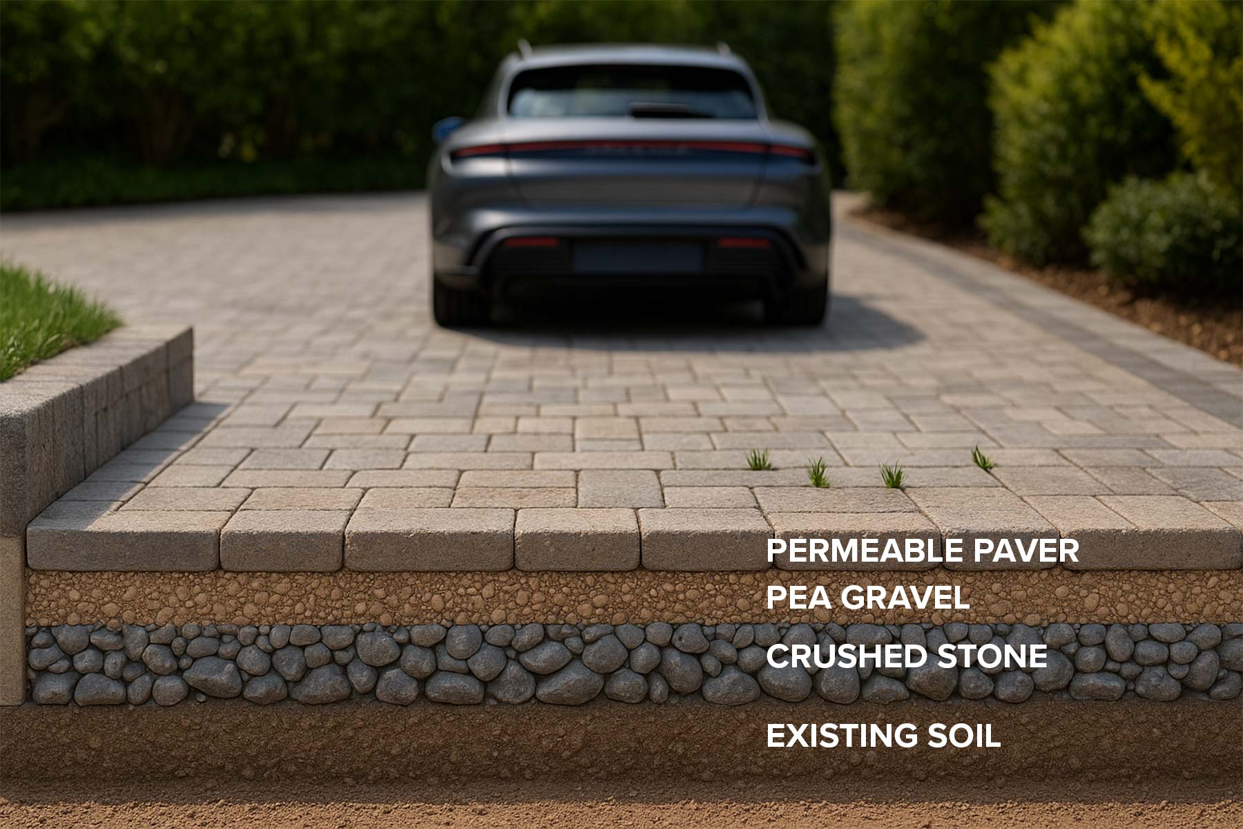 Cutaway of a permeable paver driveway system