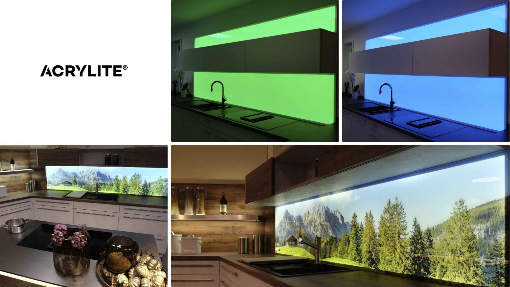 Modern kitchens with backlit acrylic backsplash panels in green, blue, and landscape-printed designs, made by ACRYLITE.