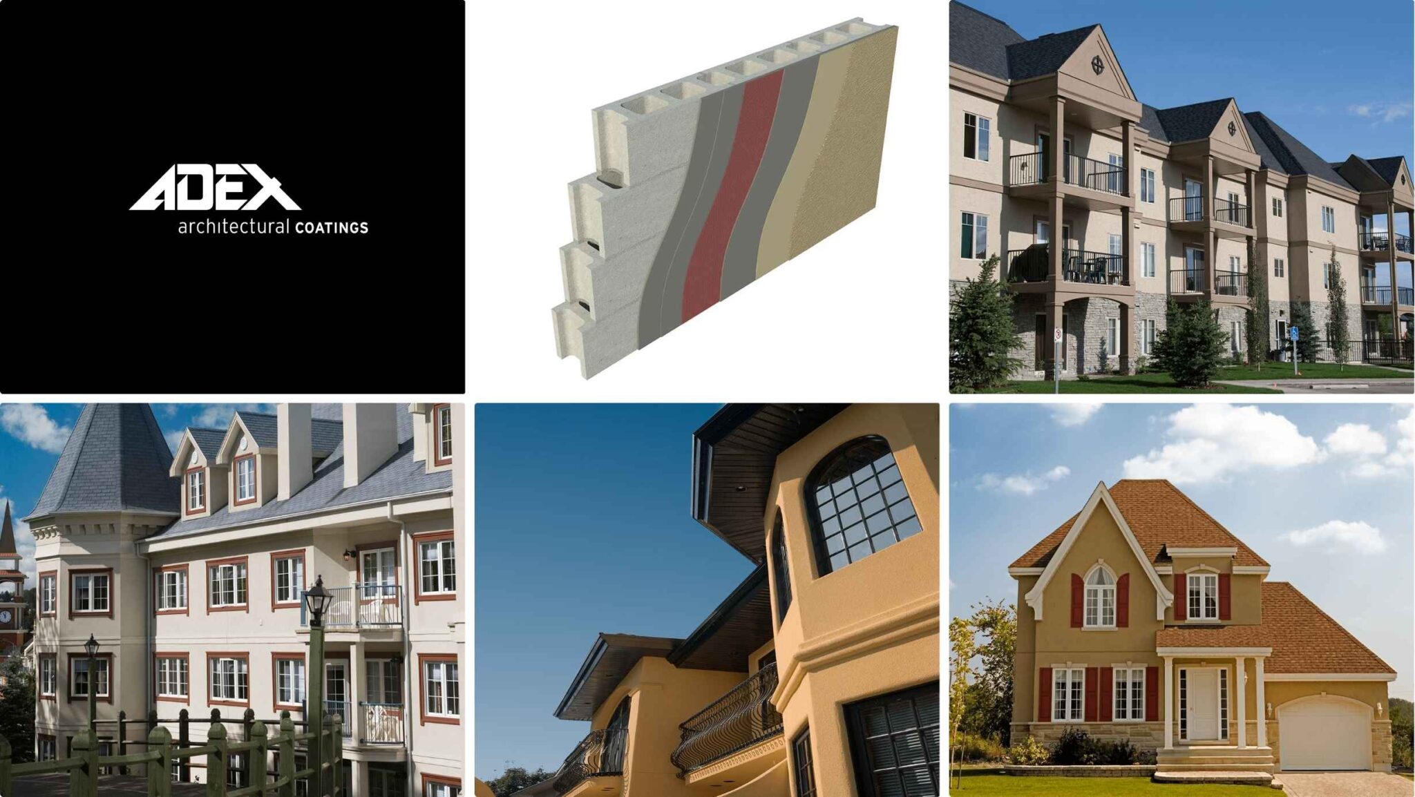 ADEX architectural coatings used on various residential and commercial buildings, with examples of exterior finishes and wall panels in different textures.