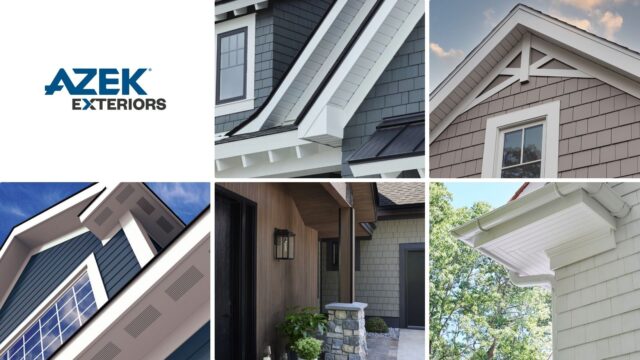 Various exterior shots of homes with roofing and trim features made with AZEK Exteriors materials, including shingles and trim.