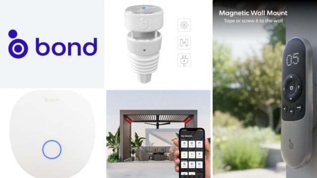 Bond home automation devices, including a light bulb socket, control hub, magnetic wall mount, and app interface controlling outdoor fans.