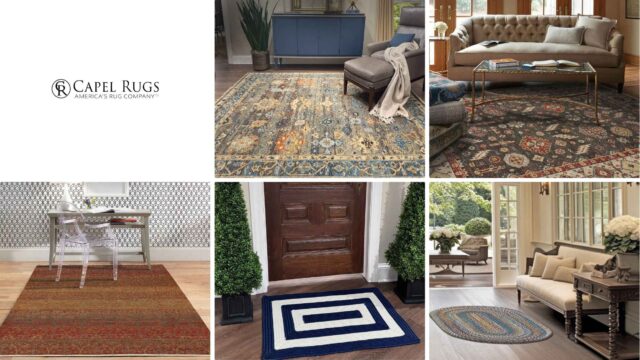 Beautifully designed area rugs from Capel Rugs, shown in various settings including living rooms, entryways, and home offices, with traditional and modern patterns.
