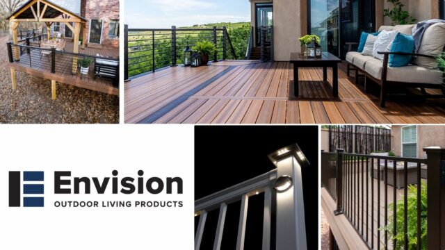 A variety of outdoor living products by Envision, including a wooden deck, railing system, and outdoor lighting.