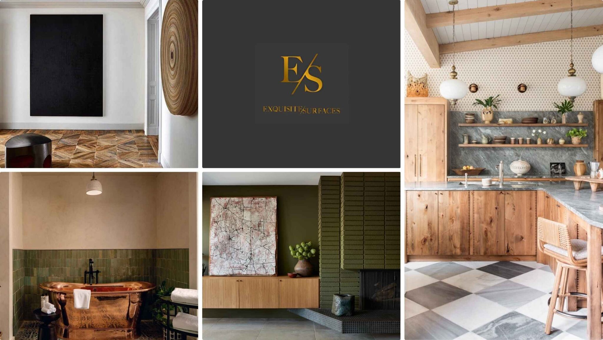 Black wall art in a hallway with wood and tile flooring, a copper bathtub with green tile wall, a green brick fireplace, and a wooden kitchen with open shelves and checkered stone floor, all featuring materials created by Exquisite Surfaces.