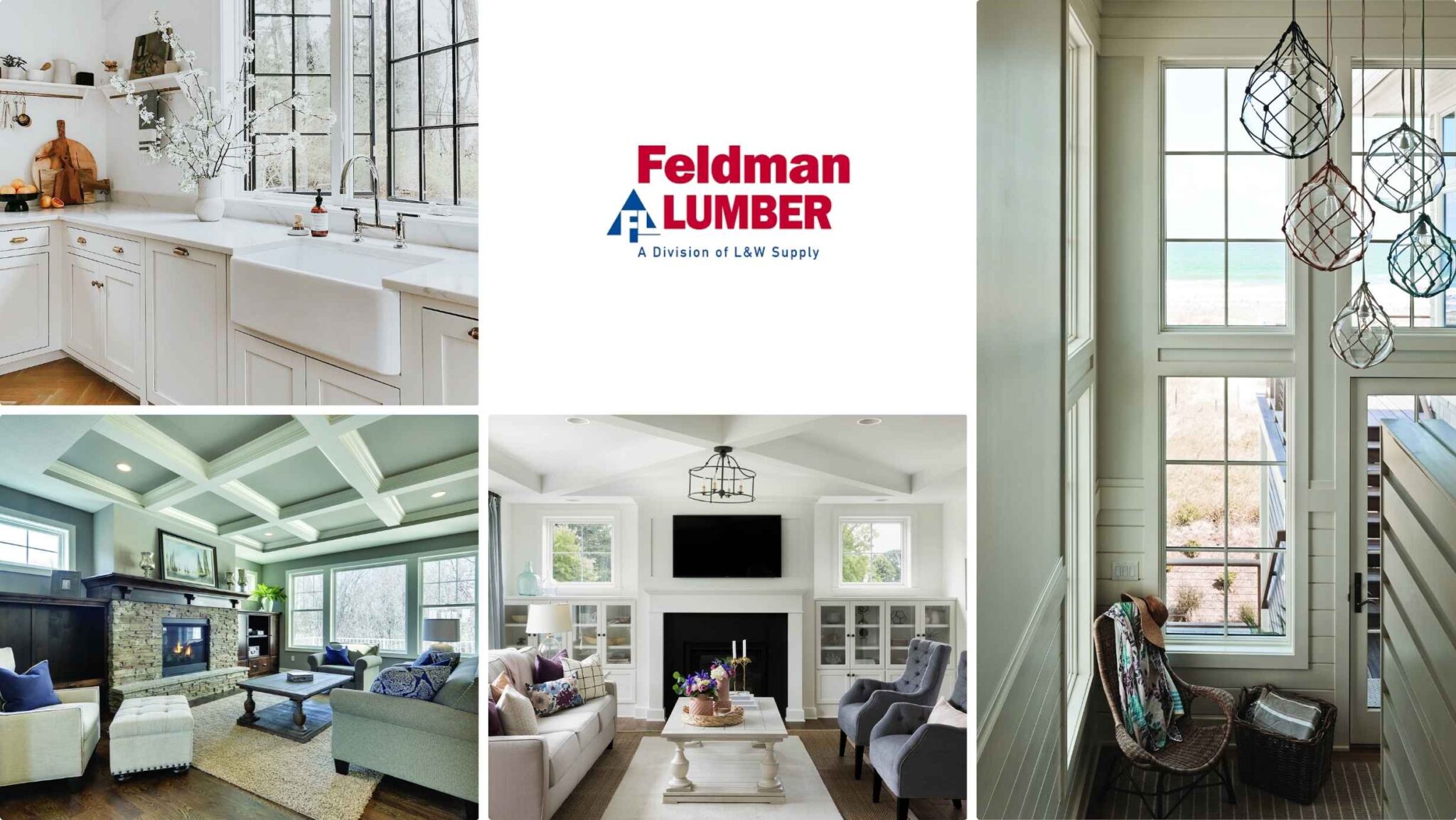 Elegant interiors with windows and building materials from Feldman Lumber, featuring kitchens, living rooms, and custom woodwork.