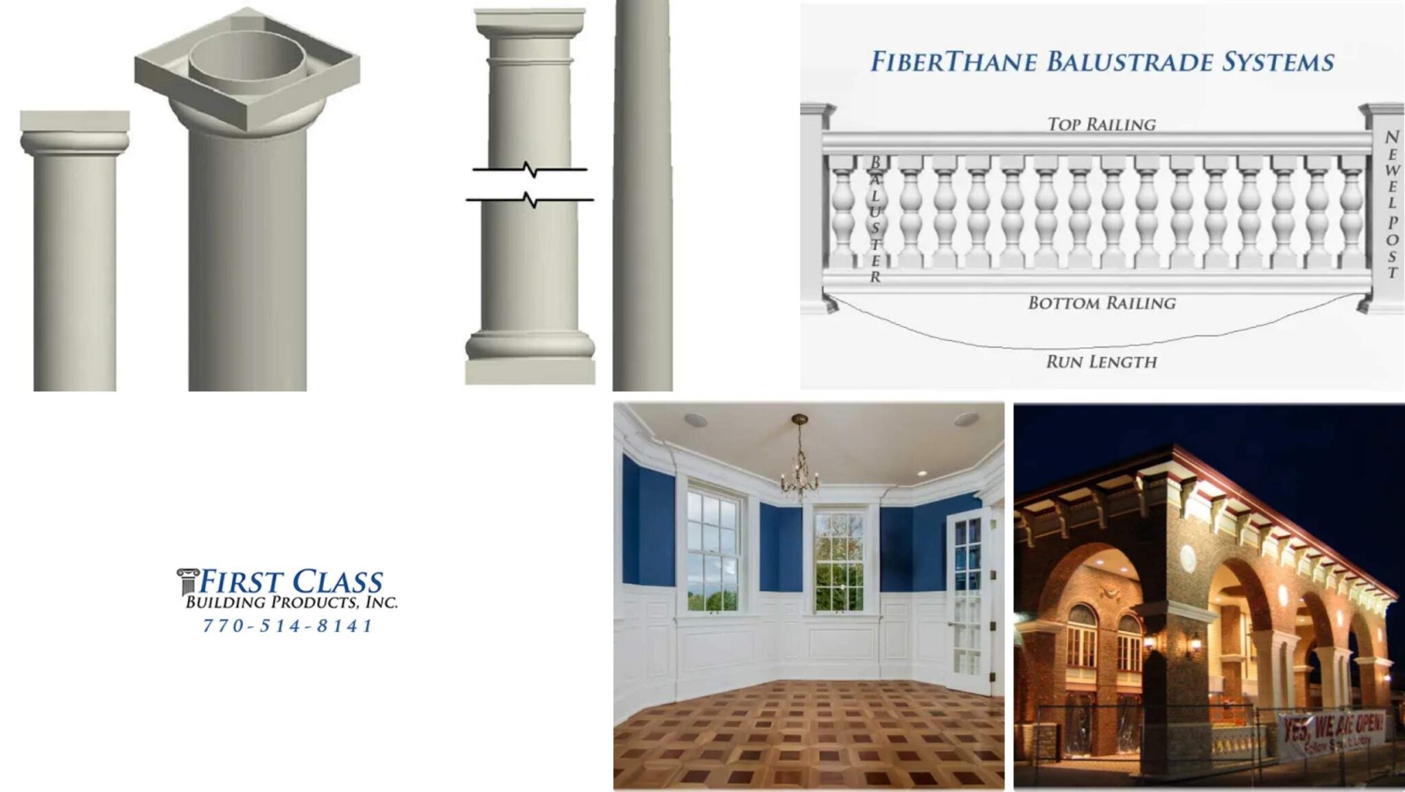 First Class Building Products' FiberThane balustrade systems, featuring columns, railings, and balusters for both interior and exterior design applications.