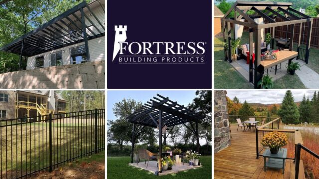 A collection of Fortress Building Products showcasing their diverse range of outdoor structures, fencing, and decking solutions.