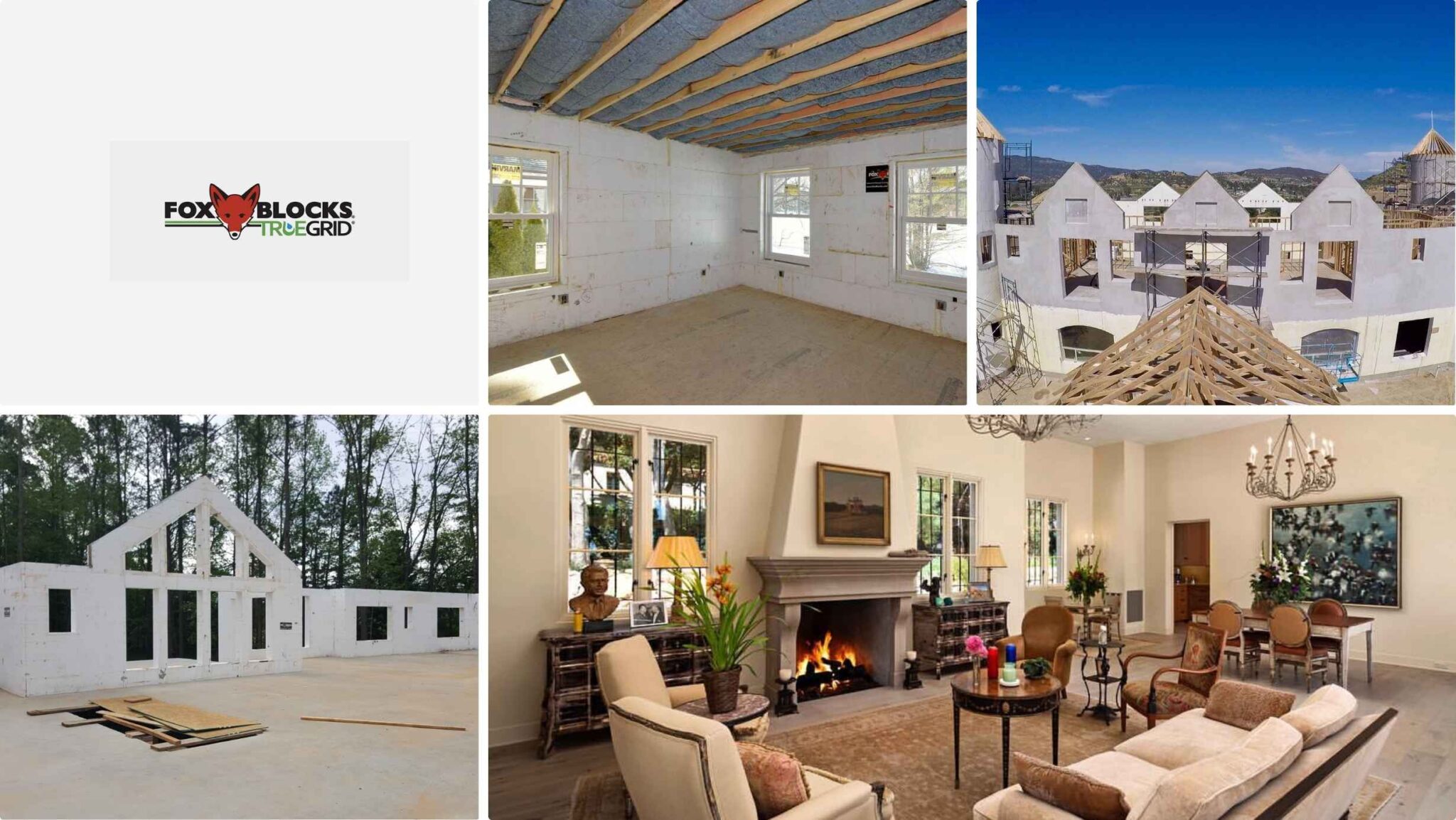 Home construction with Fox Blocks insulated concrete forms (ICF), showing the building process and completed interiors.