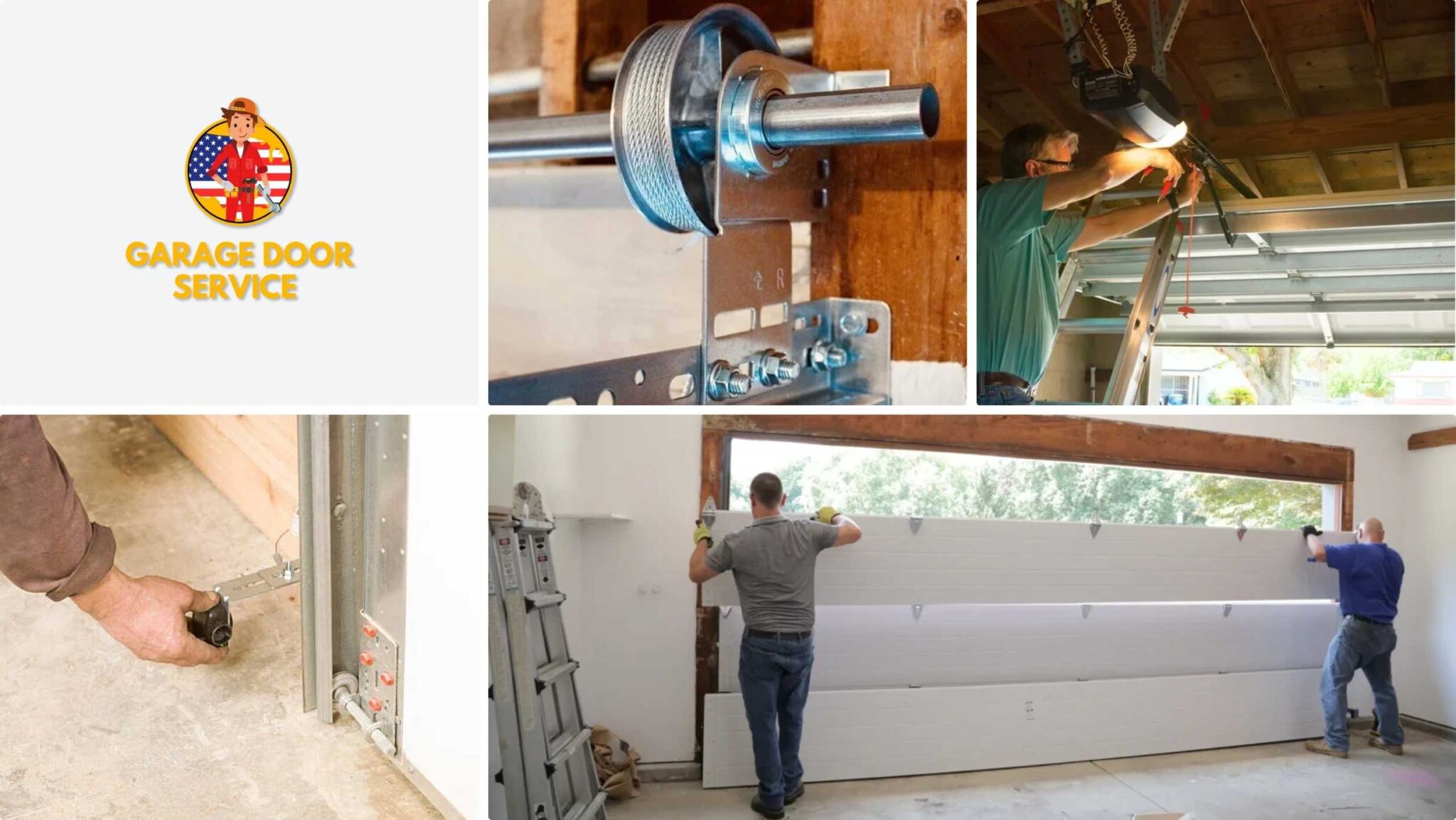 Garage door installation and repair services, showing workers installing a door, adjusting components, and operating the mechanism.