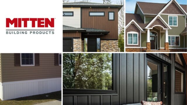 Various exterior shots of homes showcasing different styles and colors of vinyl siding from Mitten Building Products.