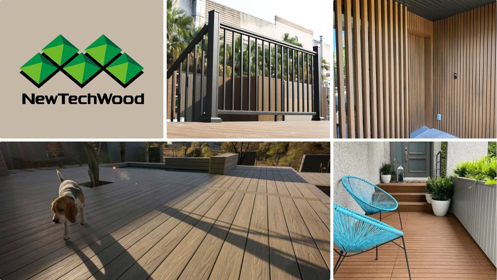 NewTechWood composite decking, fencing, and exterior panels; showcasing a dog walking on a deck, a modern railing, and stylish exterior design.
