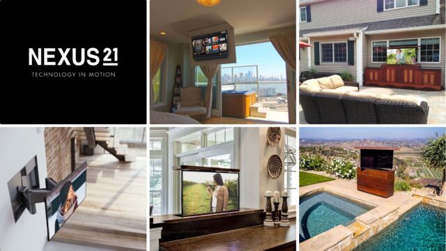 Find Nexus 21 motorized TV lifts, ceiling lifts, moving wall mounts and concealment systems for custom cabinetry, bedrooms and home theaters.