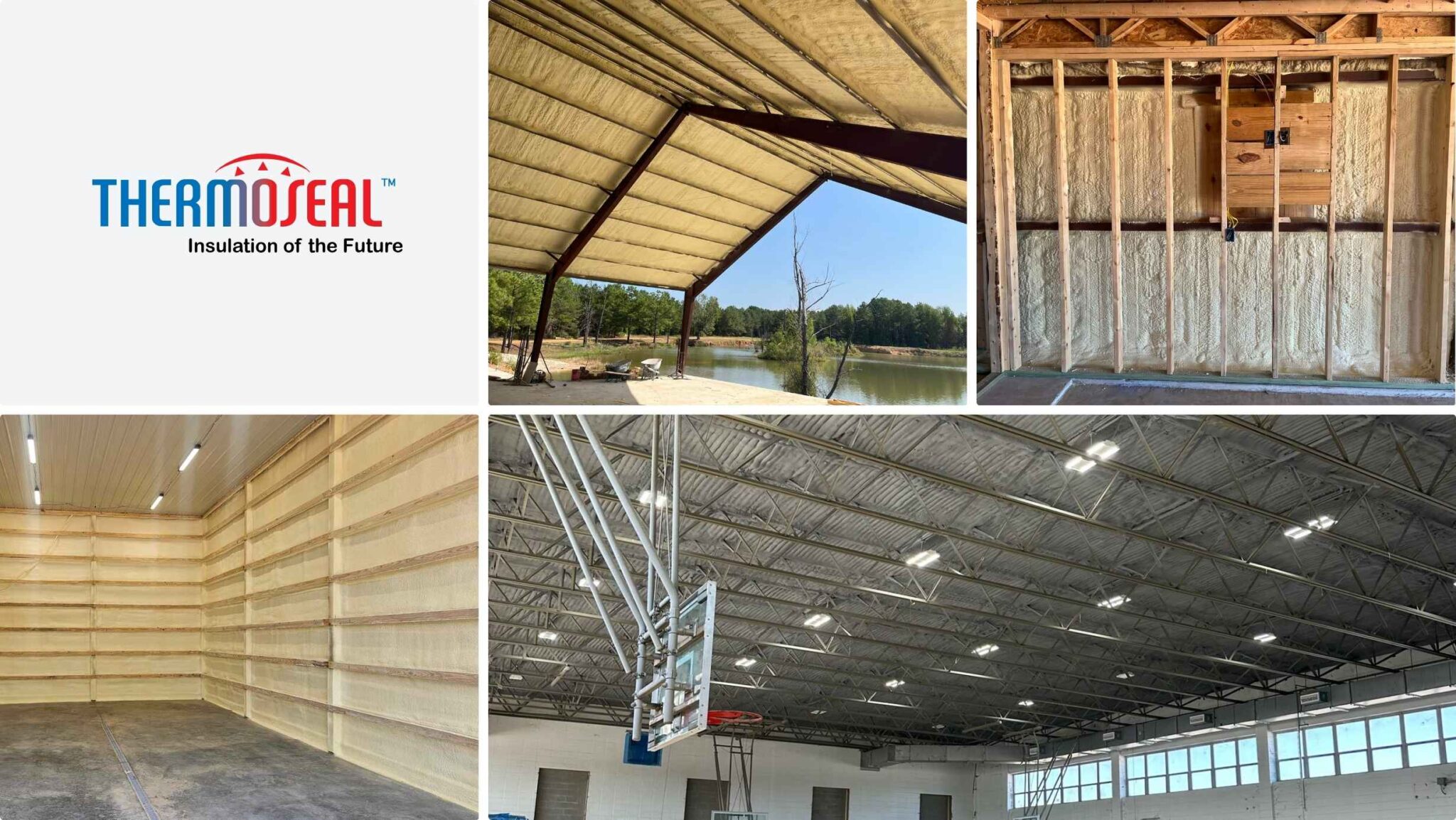 Thermoseal insulation applied to building interiors, including warehouse ceilings and walls, offering energy-efficient solutions for various structures.