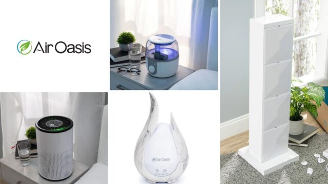 Purifier 94 HEPA, pre filter, activated carbon in a table with glass. Oil diffuser and humidifier. 2 Liter cool mist humidifier, in a table with glasses and glass. iAdaptAir large 5 in 1 smart air purifier, in the side a plant over books.