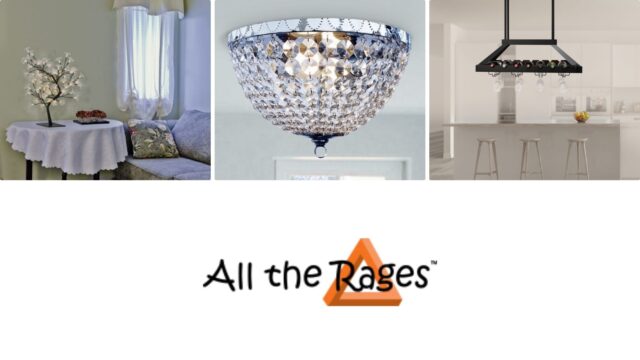 Decorative LED tree-shaped table lamp in the living room, sofa, armchair and window. Elegant ceiling lamp, with Victoria rain-shaped crystal. Ceiling wine rack, with two LED lamps, in a traditional kitchen, with a counter, chairs and fruit.