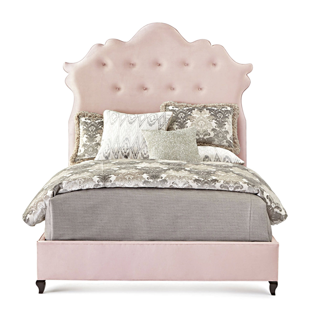 Haute House Home Furnishings pink luxury bed with high-back ornamental top plush headboard.