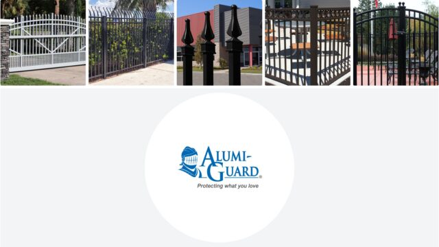 Elegant large white aluminum gate. Sleek black aluminum fence structures with a modern, minimalist design. They feature vertical slats with consistent gaps, balancing visibility and privacy, showcasing the durability and aesthetic appeal of Alumi-Guard's products.