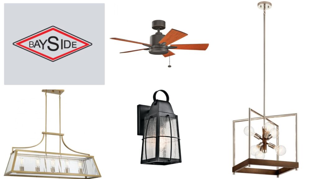 Different types of lighting fixtures including pendant lights, wall mount lights, and ceiling fans manufactured by Bayside Electric Supply Company