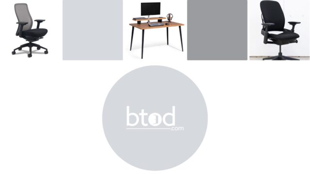 Comfortable office chairs, wooden desk, and computer setup sold at https://www.btod.com.