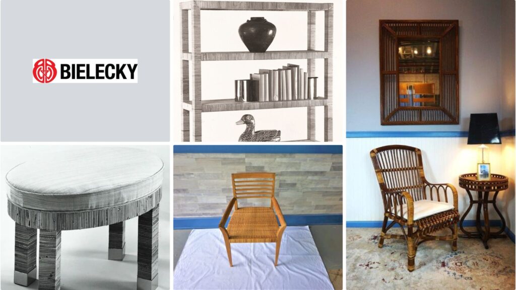 Two woven rattan chairs from Bielecky Brothers with a matching rattan-framed mirror, a rattan library shelf filled with books, and a rattan coffee table.