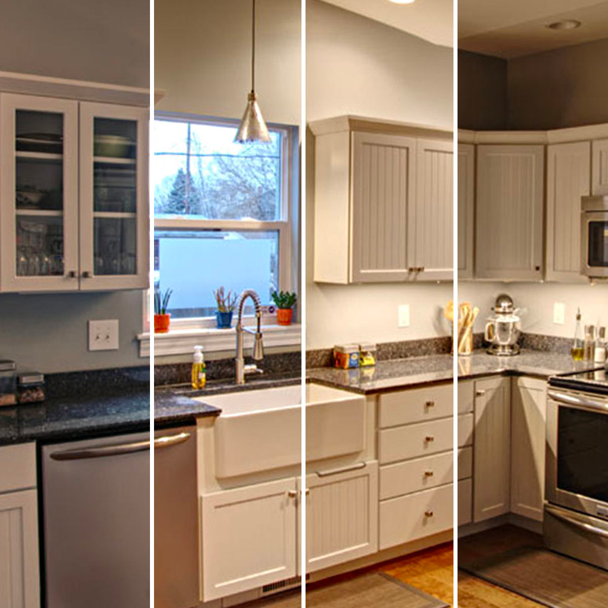 Scenes of the same kitchen with different lighting show how important kitchen lighting design is.