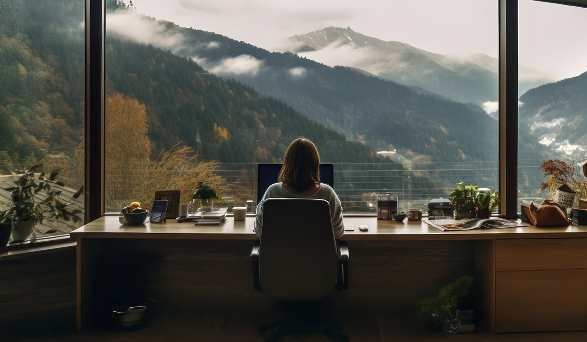 An entrepreneur sits in front of a mountain view during an annual planning retreat