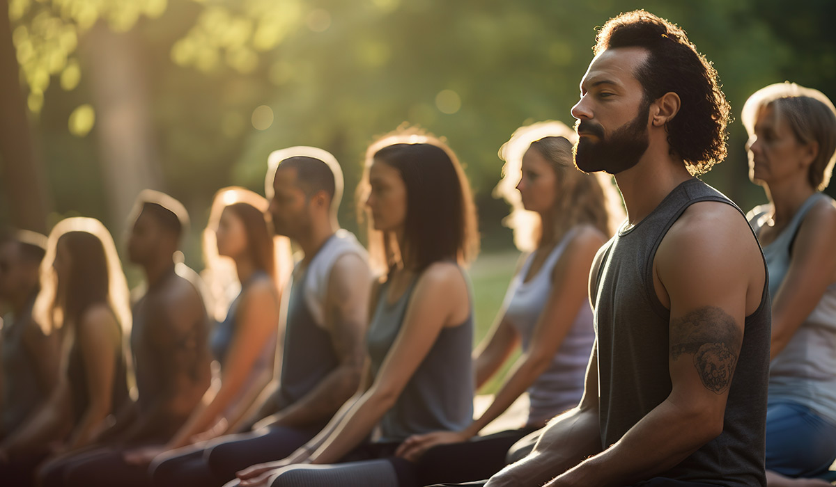 A team of employees stretch during a meditation exercise during a planning retreat