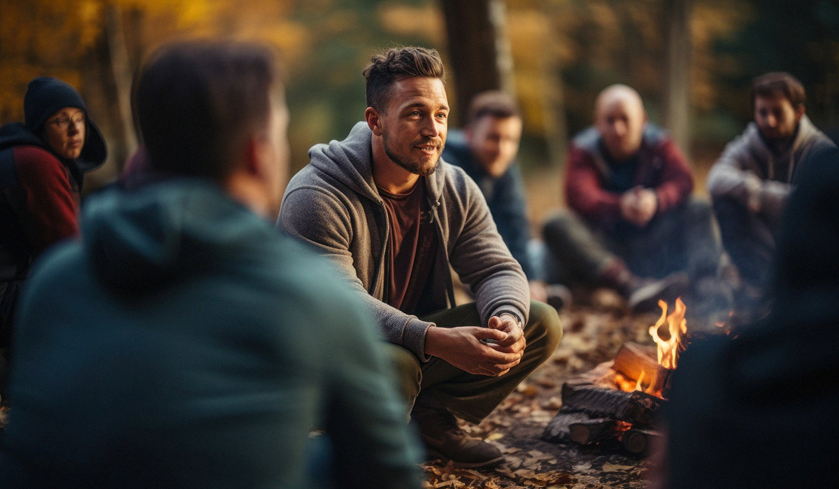 Team of employees sit around a campfire during a team building exercise.