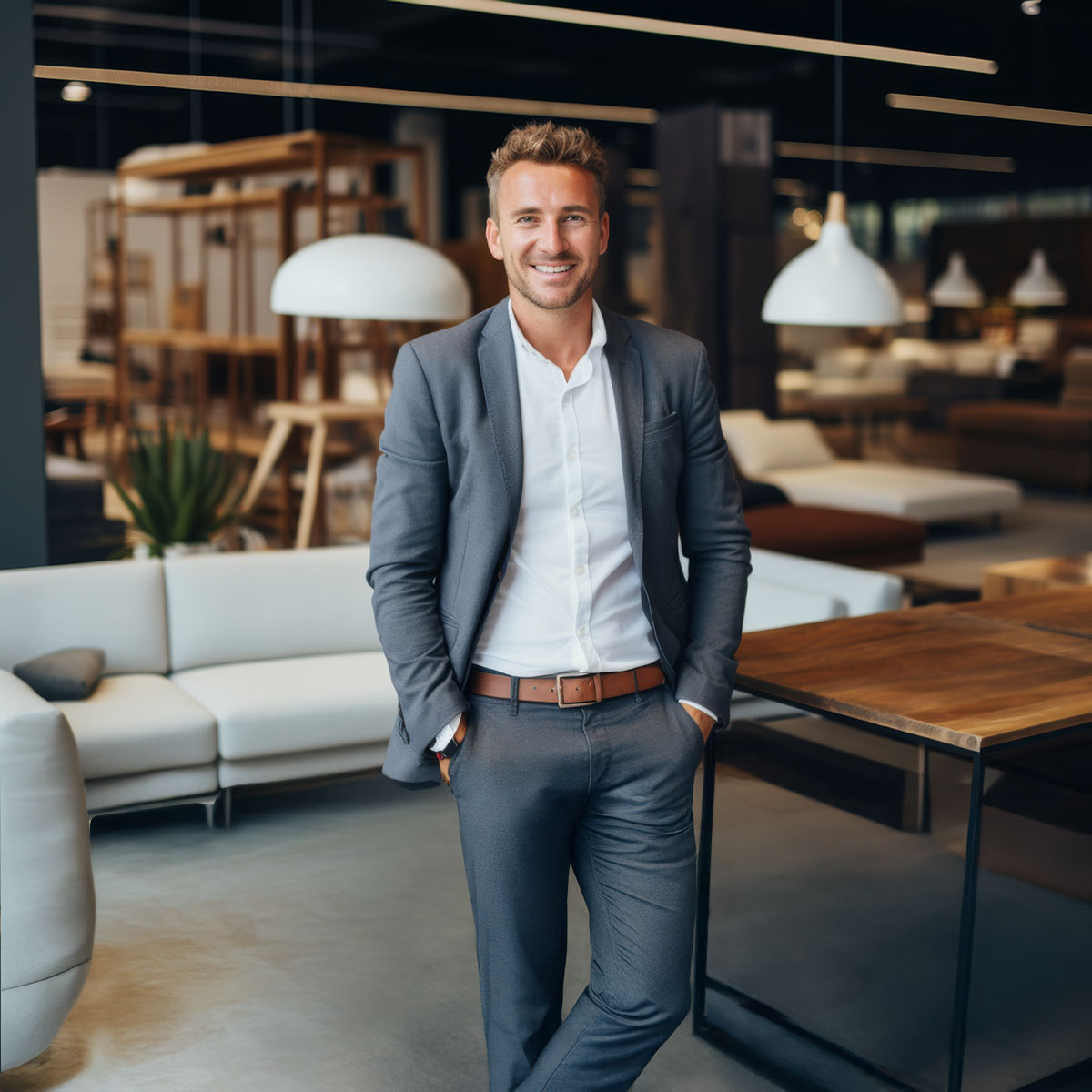 A confident man stands in a furniture store after reading about building trust through furniture marketing