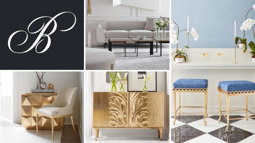 A collection of luxury furniture from Belgard, featuring a modern sofa, a geometric side table, a gold-accented cabinet, and stylish stools.