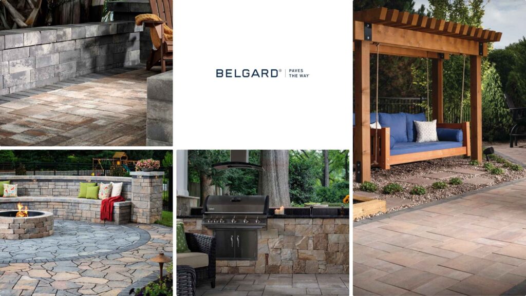 Belgard outdoor pavers and hardscape products featured in patios, fire pits, kitchens, and seating areas