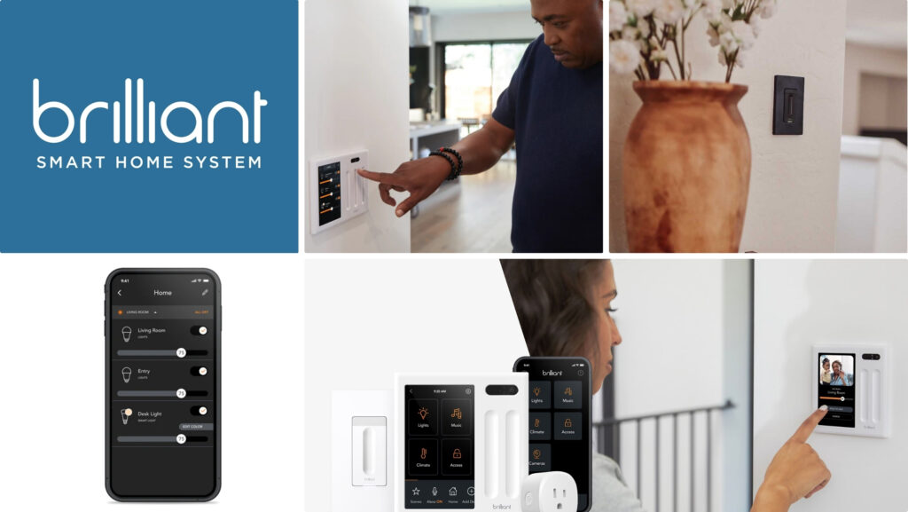 Brilliant smart home control panels and mobile app used for lighting, climate, music, and access management