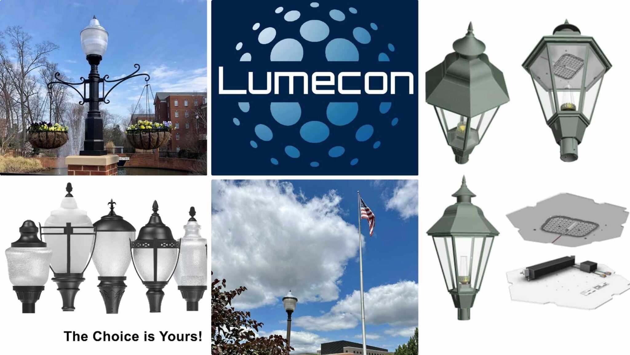 Lumecon outdoor lighting products including decorative post tops, LED components, and streetlamp installations
