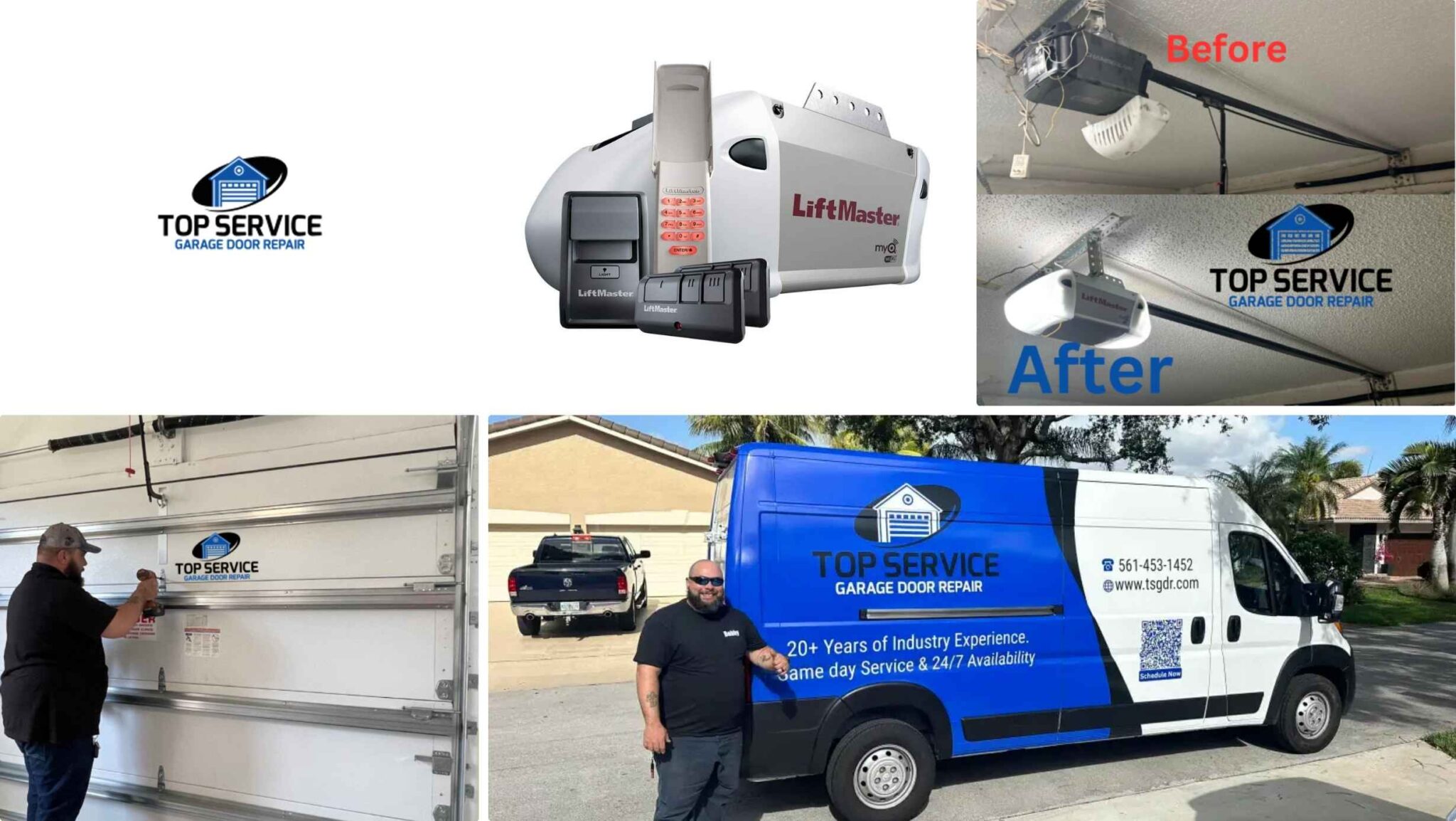 Before and after of garage door repair, showing the installation of a LiftMaster garage door opener and Top Service van
