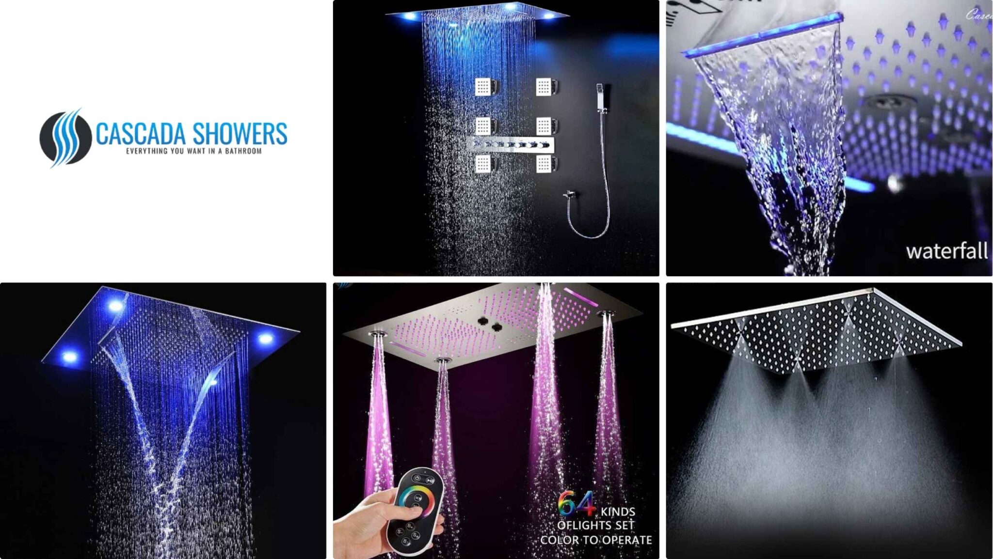 Cascada Showers - Luxury shower systems with LED lighting and multiple waterfall functions.