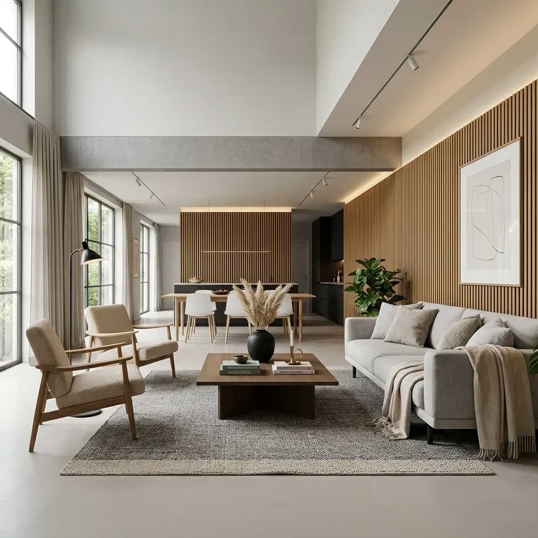 Modern home with wood slats used for residential acoustic design