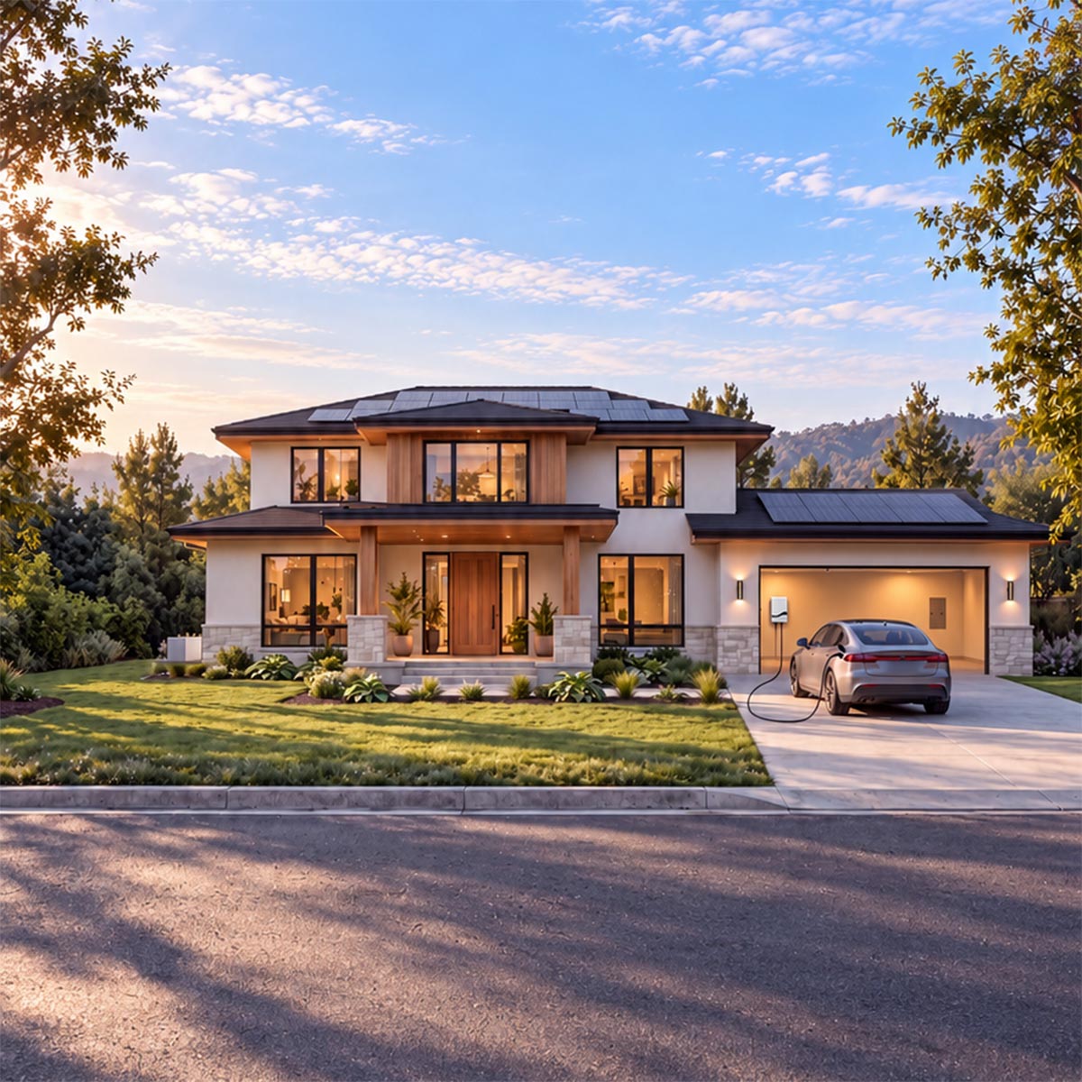 Modern home with solar panels and EV